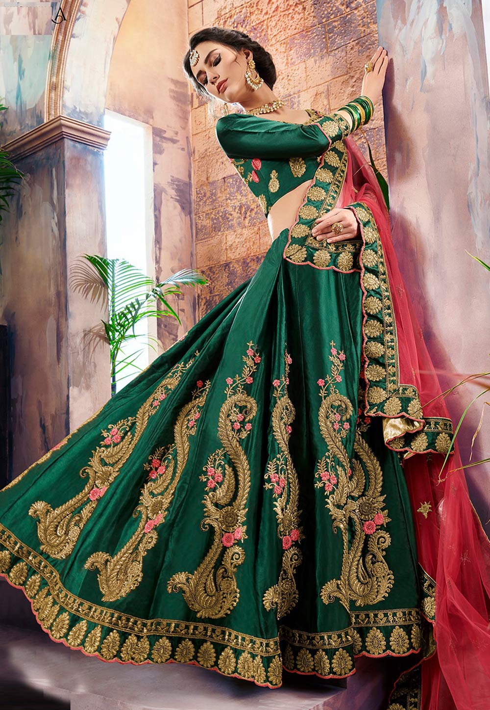 Green Satin Embroidered Lehenga Choli 157210
