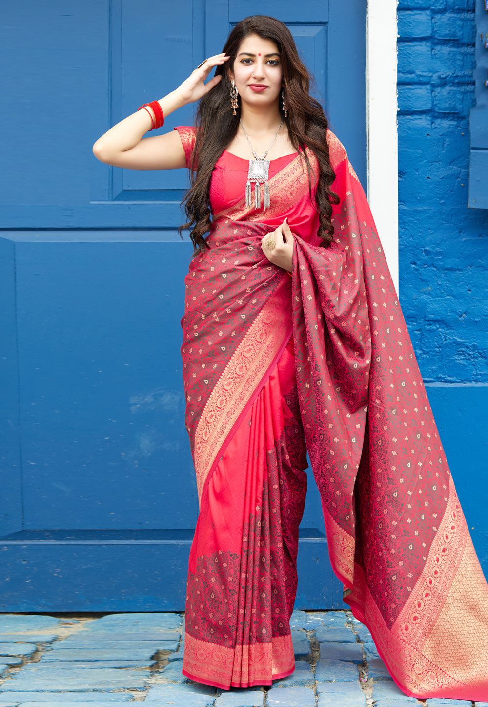 Pink Banarasi Silk Saree With Blouse 210591