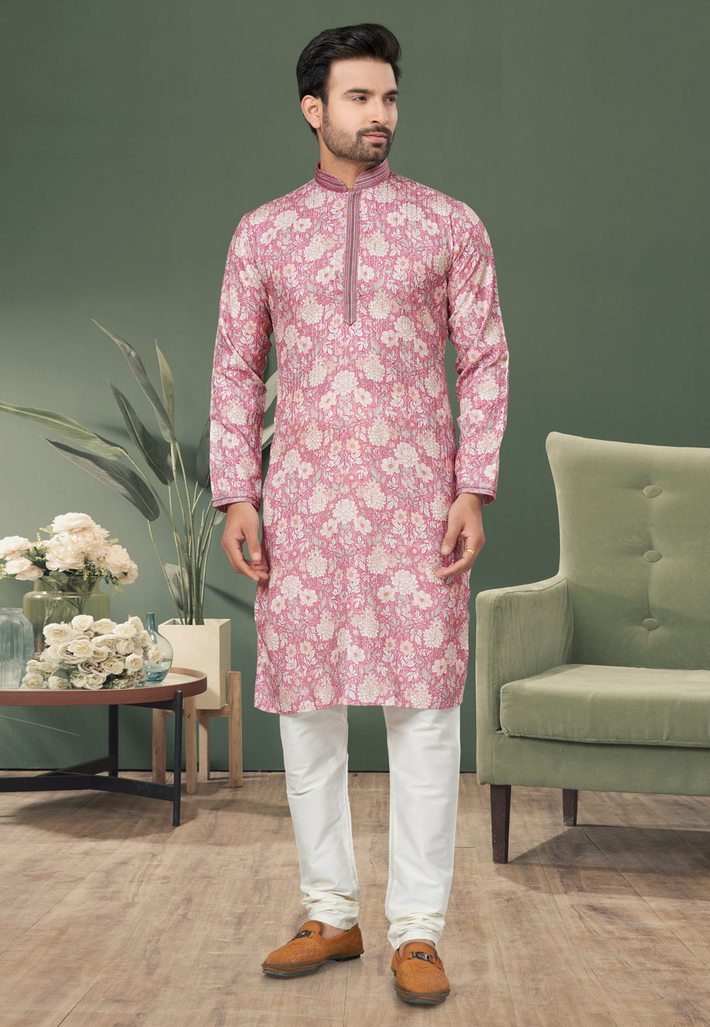 Pink Cotton Printed Kurta Pajama 276492