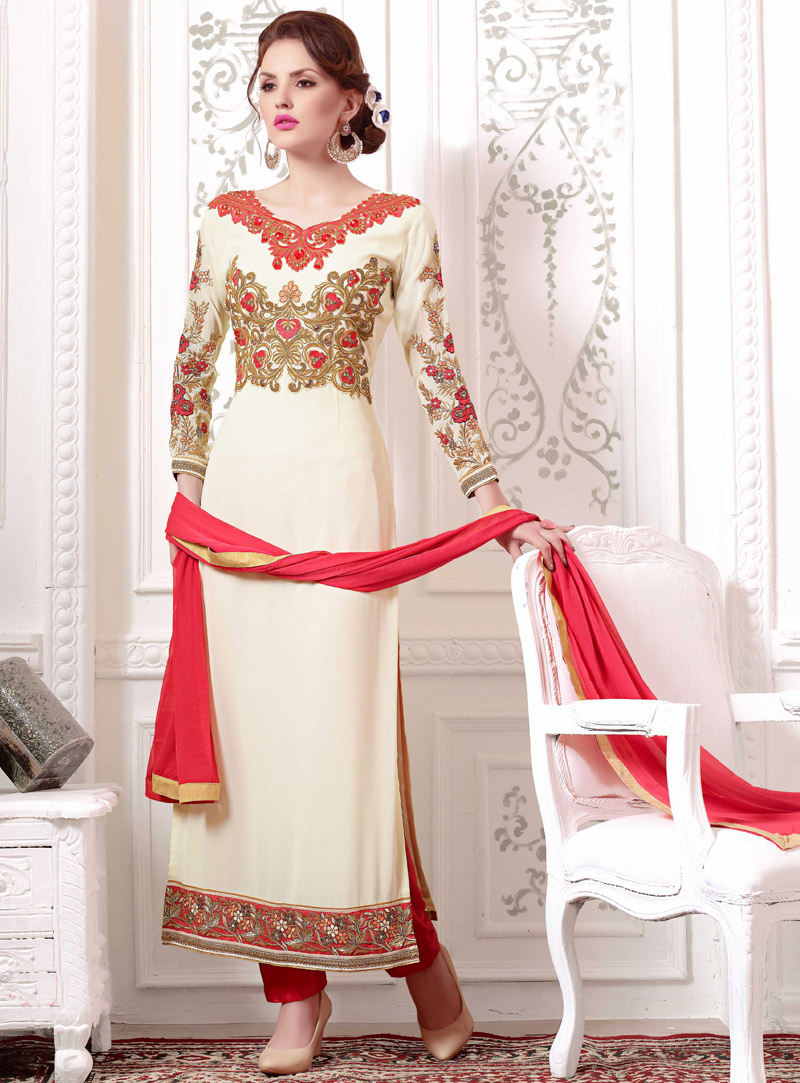 Off White Georgette Straight Cut Pant Style Suit 92680