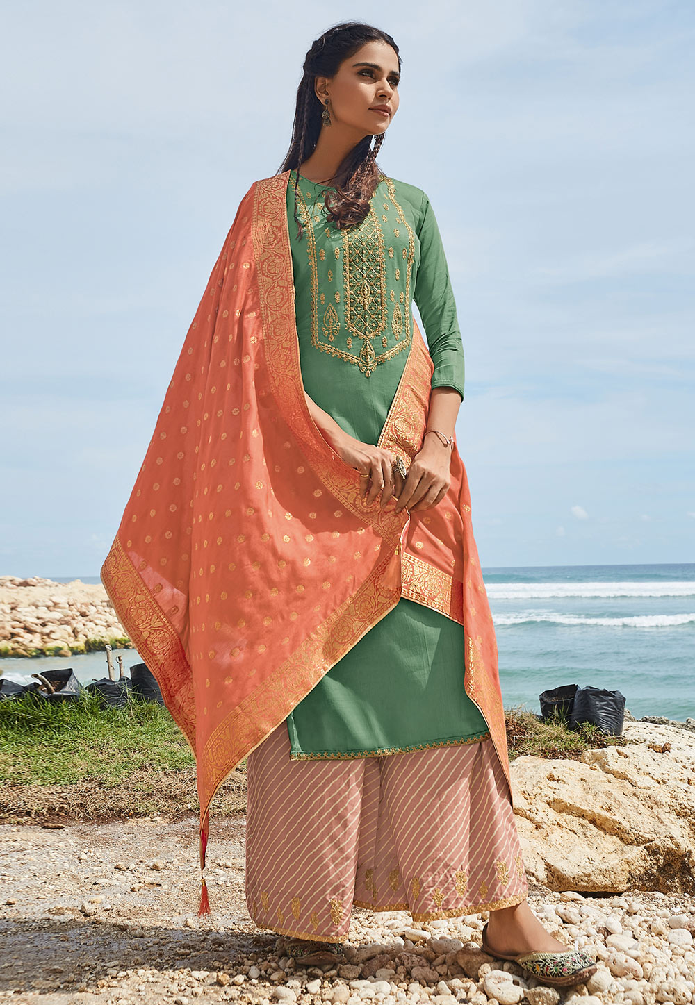 Green Cotton Kameez With Palazzo 199682