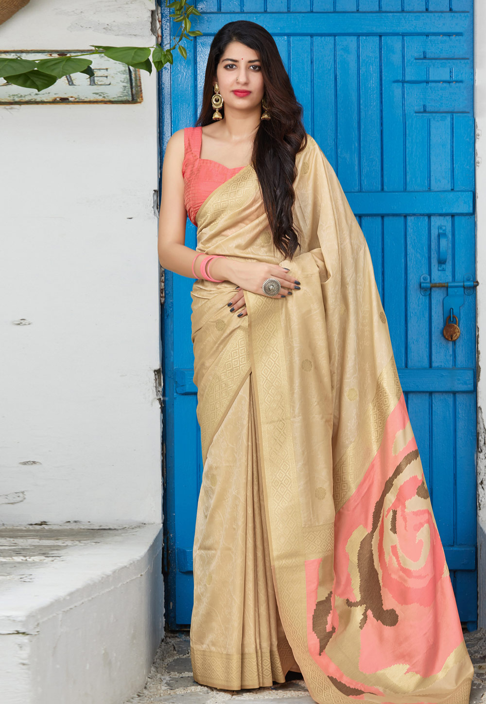 Beige Banarasi Silk Saree With Blouse 210593