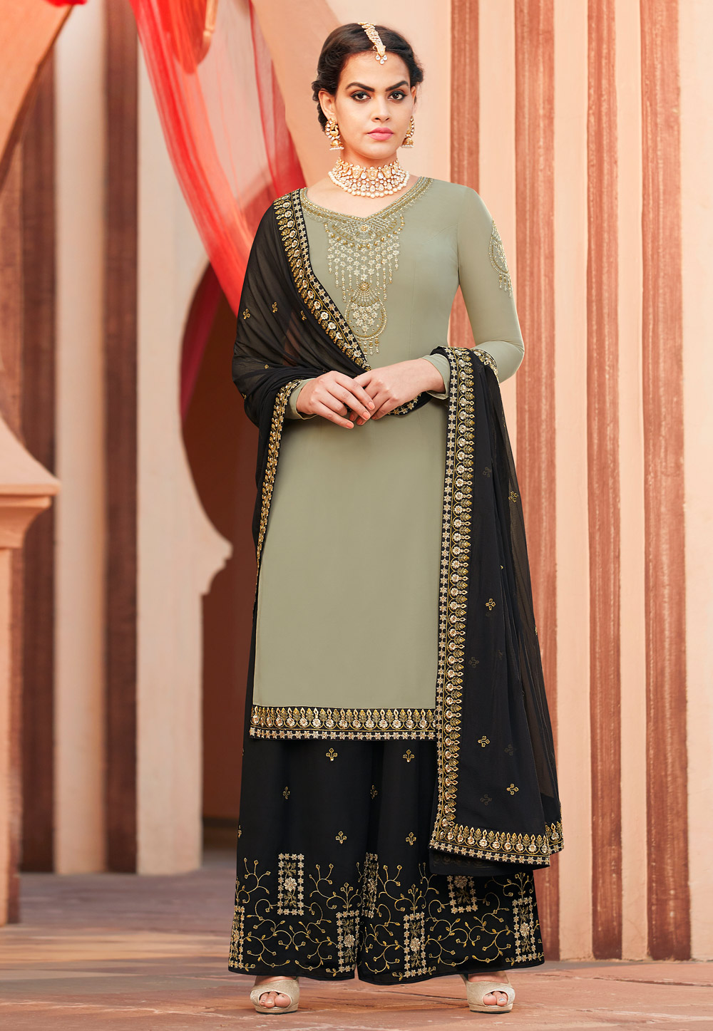 Olive Green Georgette Kameez With Palazzo 163961