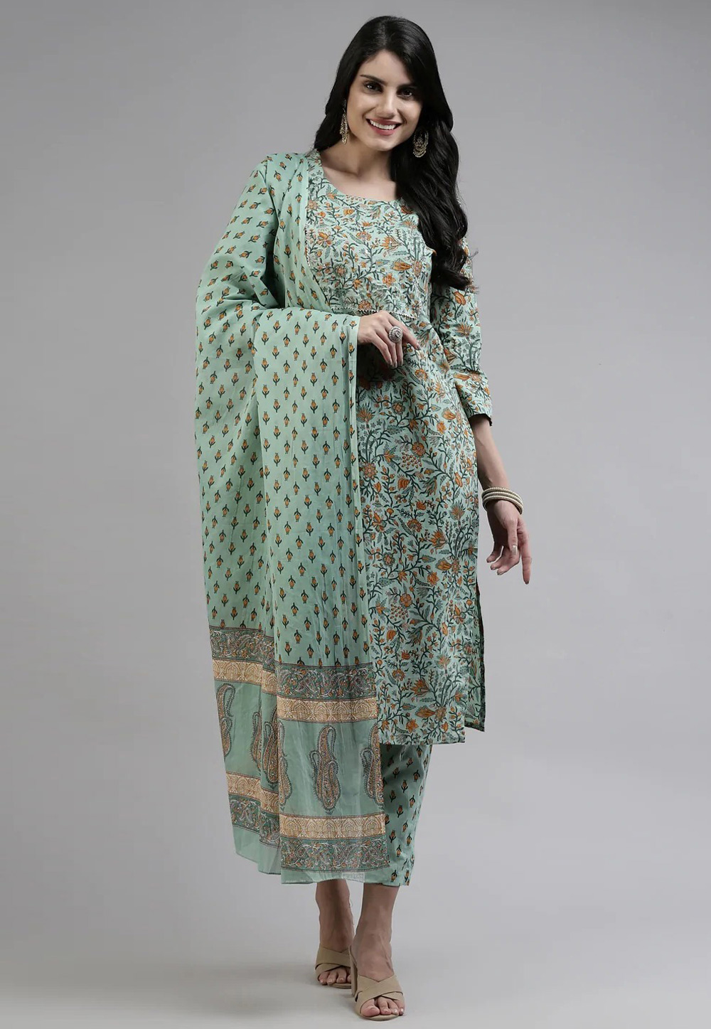 Sea Green Cotton Readymade Pant Style Suit 247532