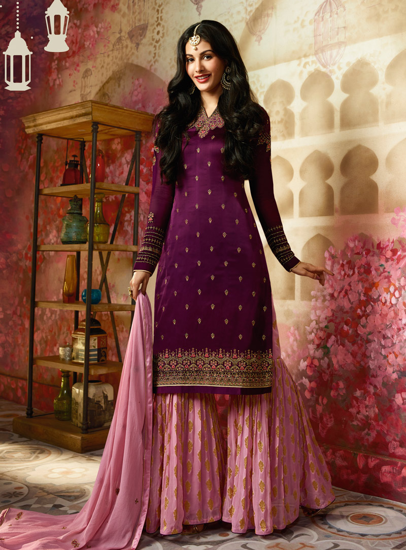 Purple Georgette Palazzo Style Suit 143654