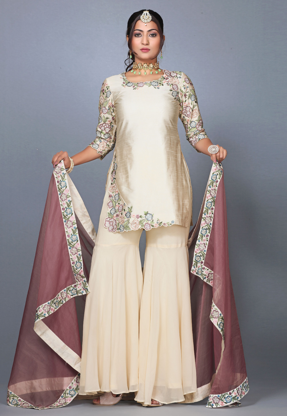 Cream Raw Silk Pakistani Sharara Suit 271210