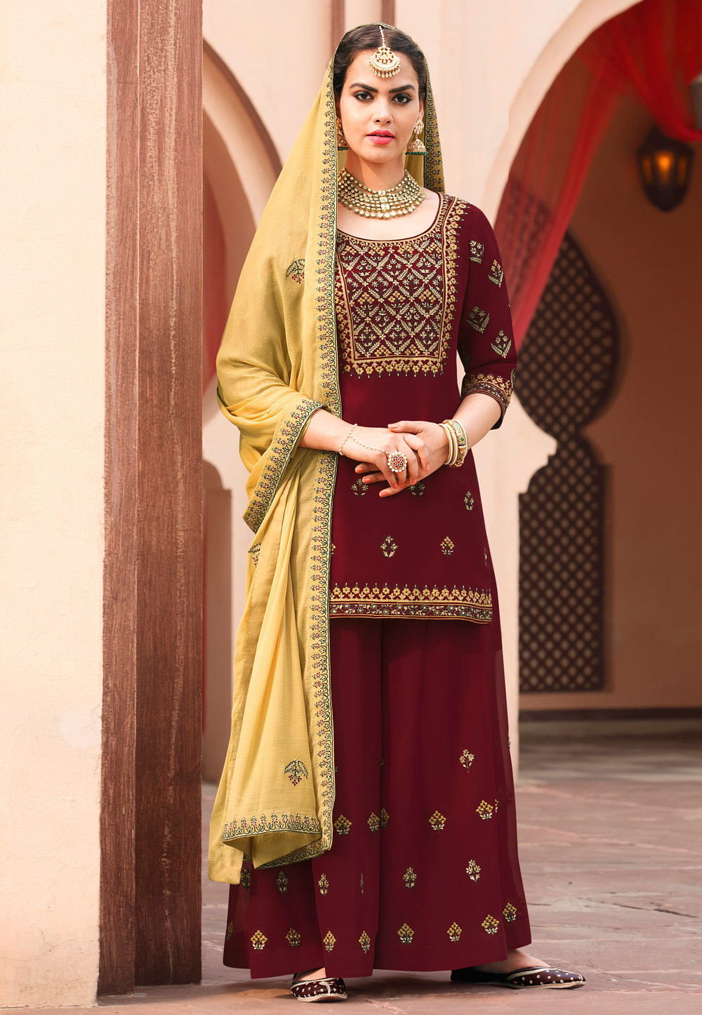Maroon Georgette Palazzo Style Suit 163962