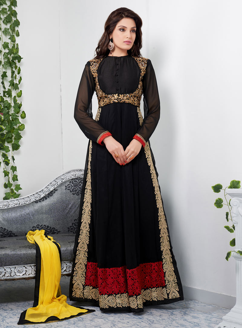 Black Georgette Embroidered Abaya Style Ankle Length Suit 39187