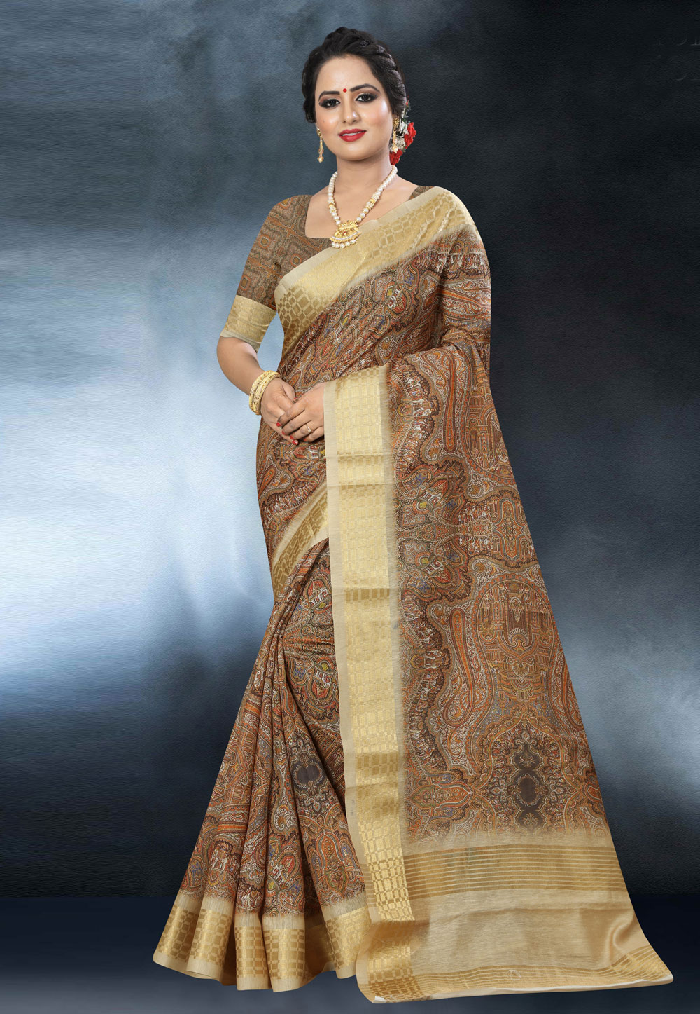 Brown Banarasi Silk Printed Festival Wear Saree 190646