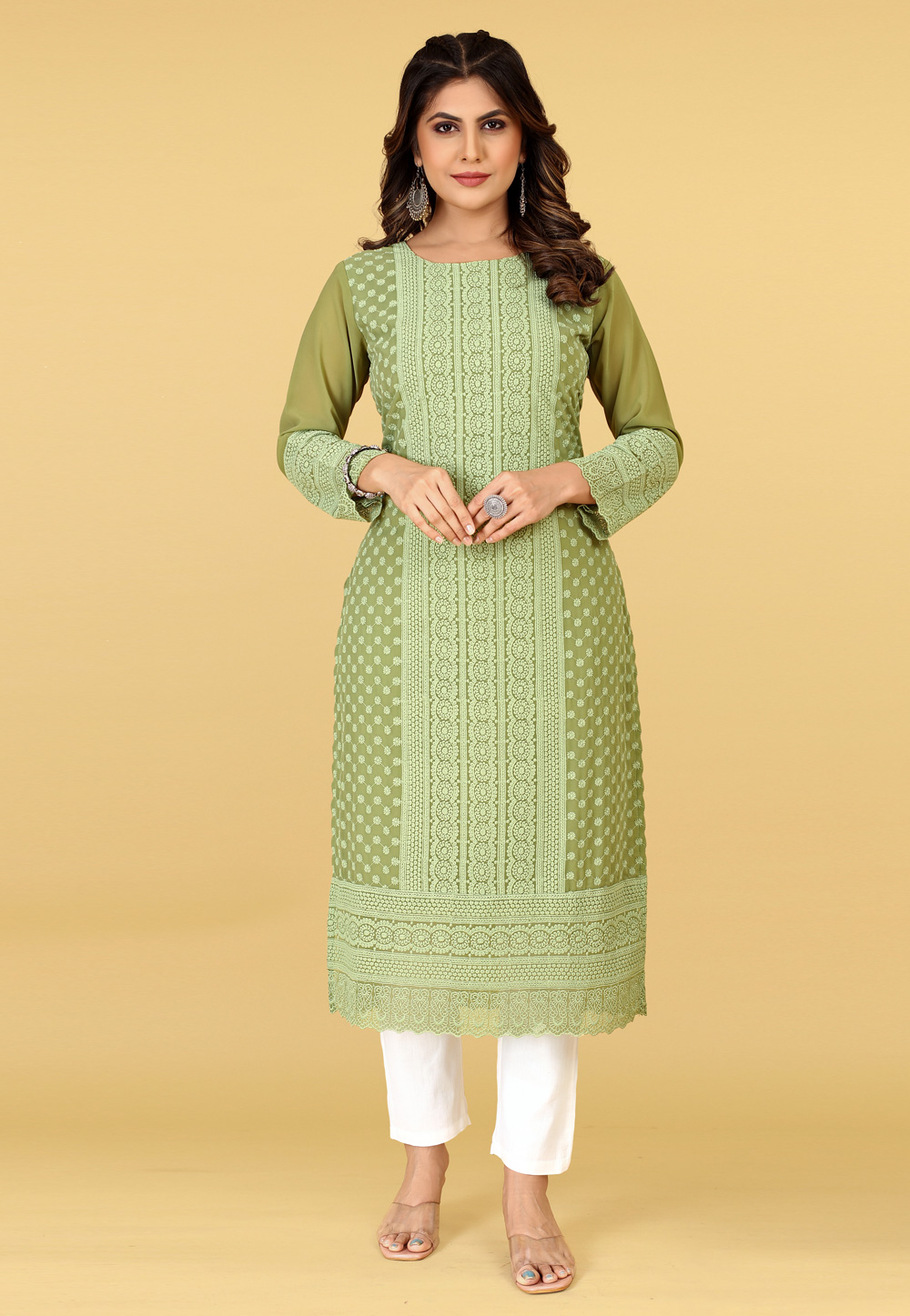 Mehndi Georgette Chiffon Long Kurti 267338