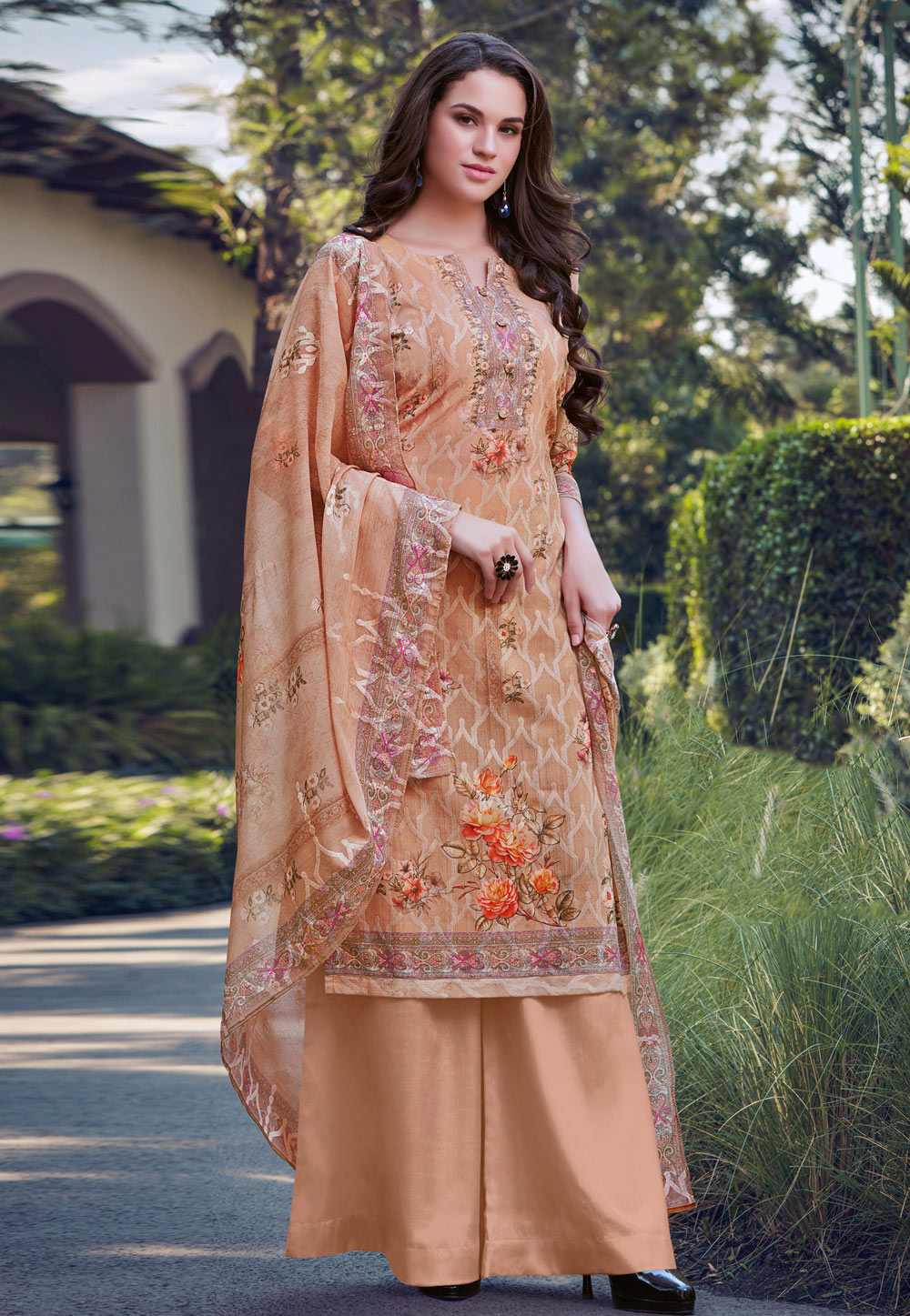 Peach Georgette Palazzo Suit 217380