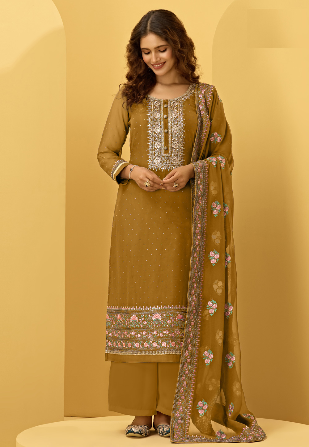 Mustard Georgette Kameez With Palazzo 233978