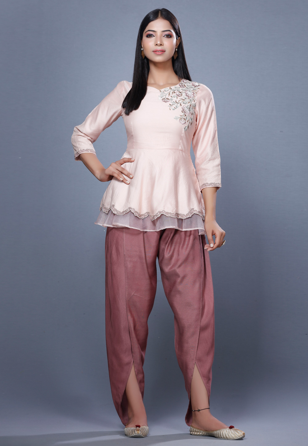Light Pink Chanderi Peplum Suit For Ladies 271203