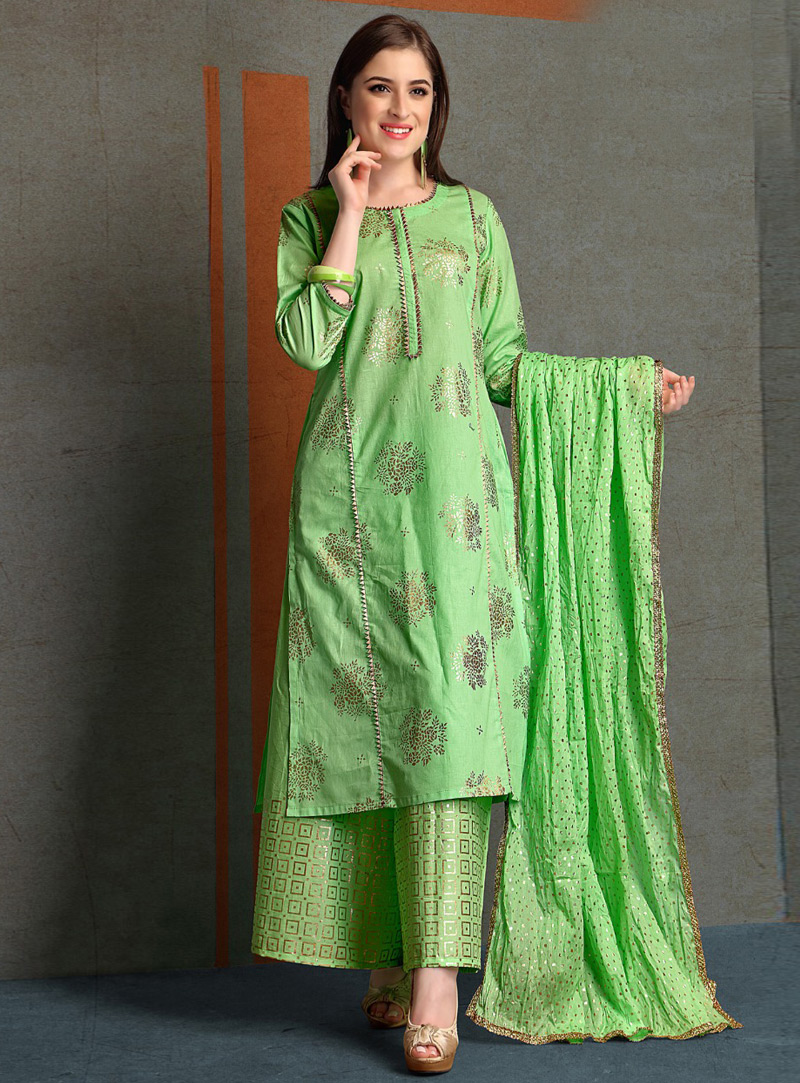 Green Cotton Cambric Kameez With Palazzo 131247