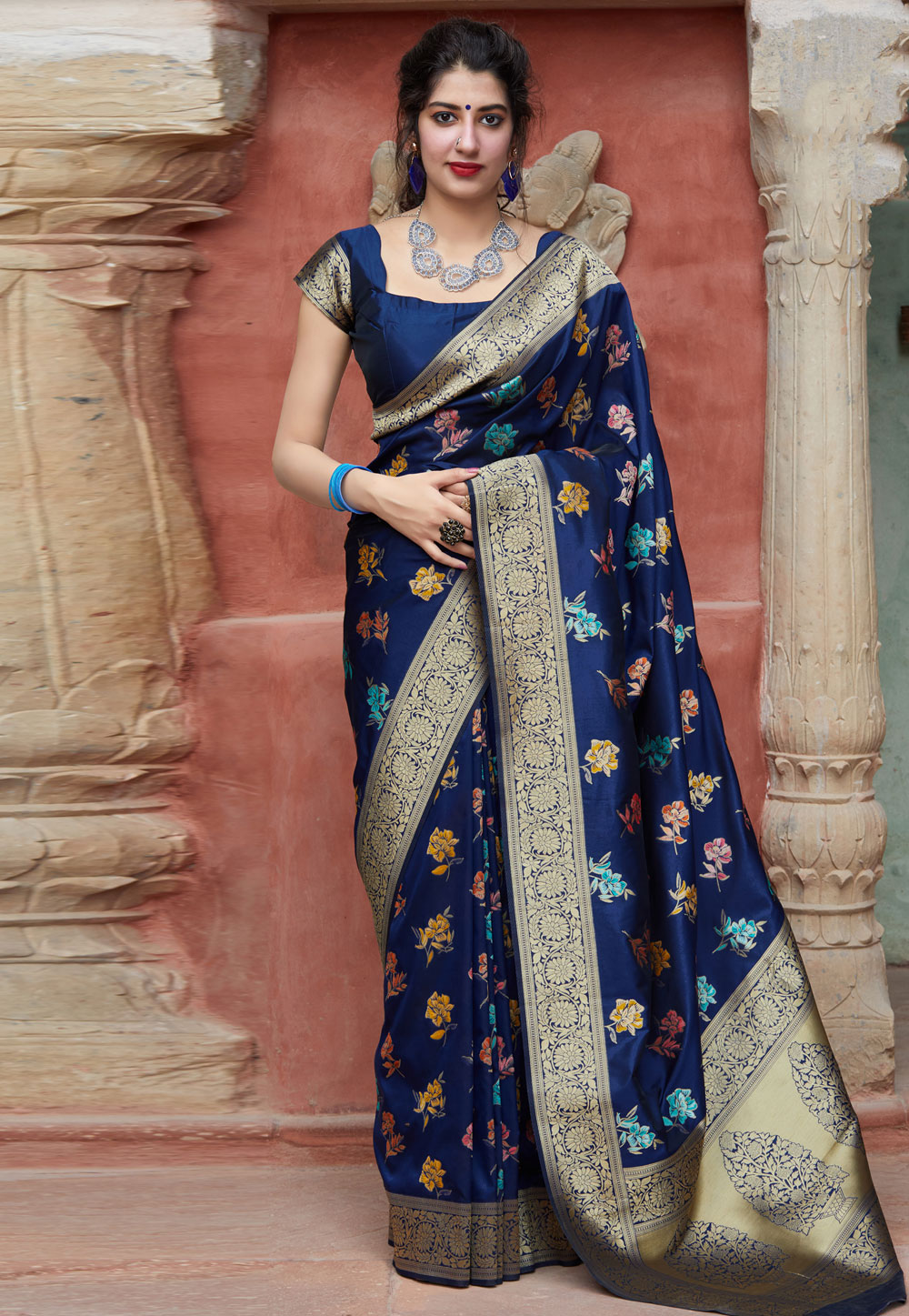 Blue Banarasi Silk Saree With Blouse 210603