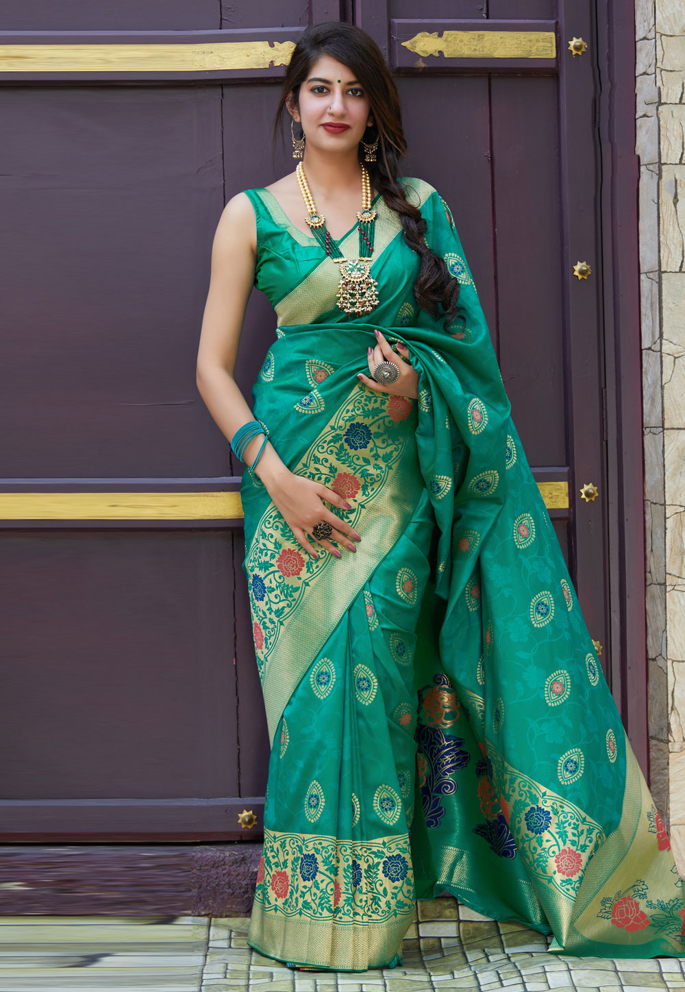 Green Banarasi Silk Saree With Blouse 210605