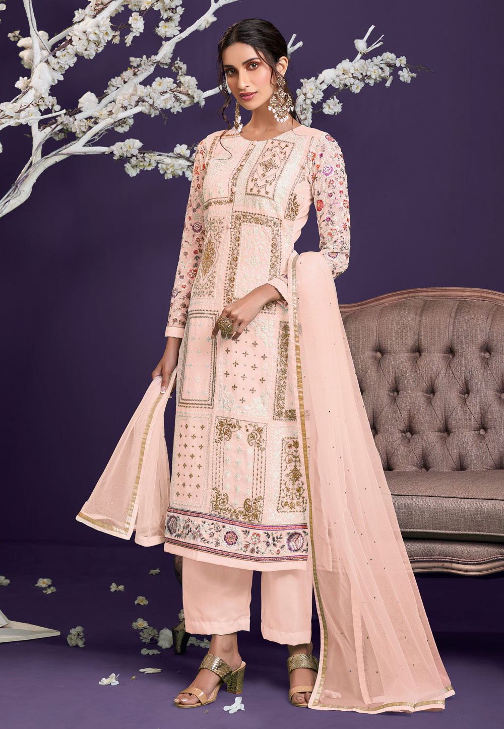 Peach Georgette Palazzo Suit 235902