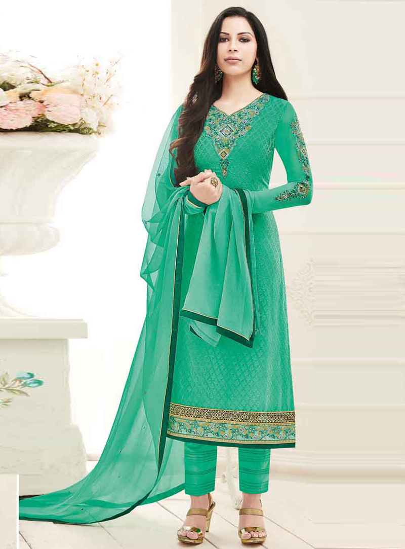 Sea Green Brasso Pakistani Style Suit 107847