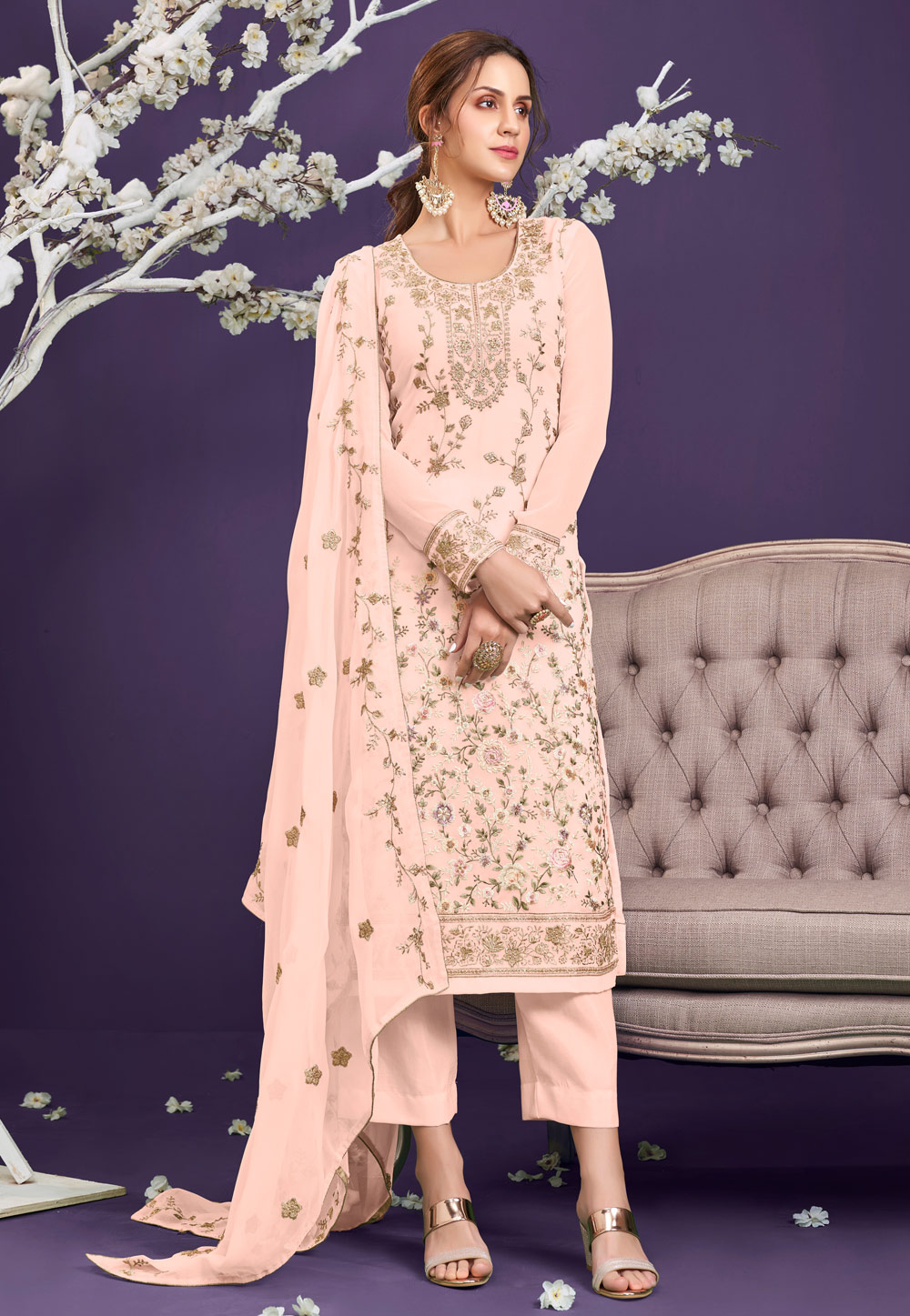 Peach Georgette Palazzo Suit 235904