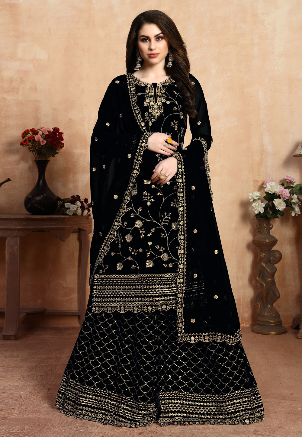 Black Faux Georgette Embroidered Kameez With Palazzo 200038