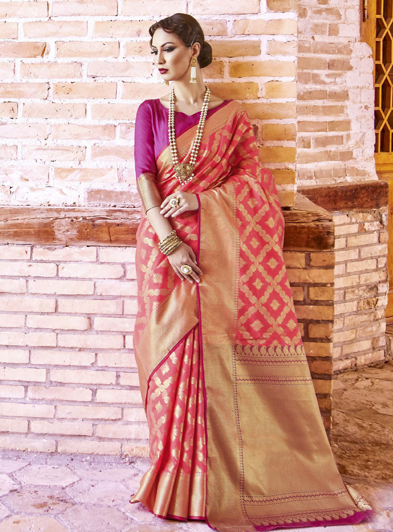 Peach Banarasi Silk Saree With Blouse 140528