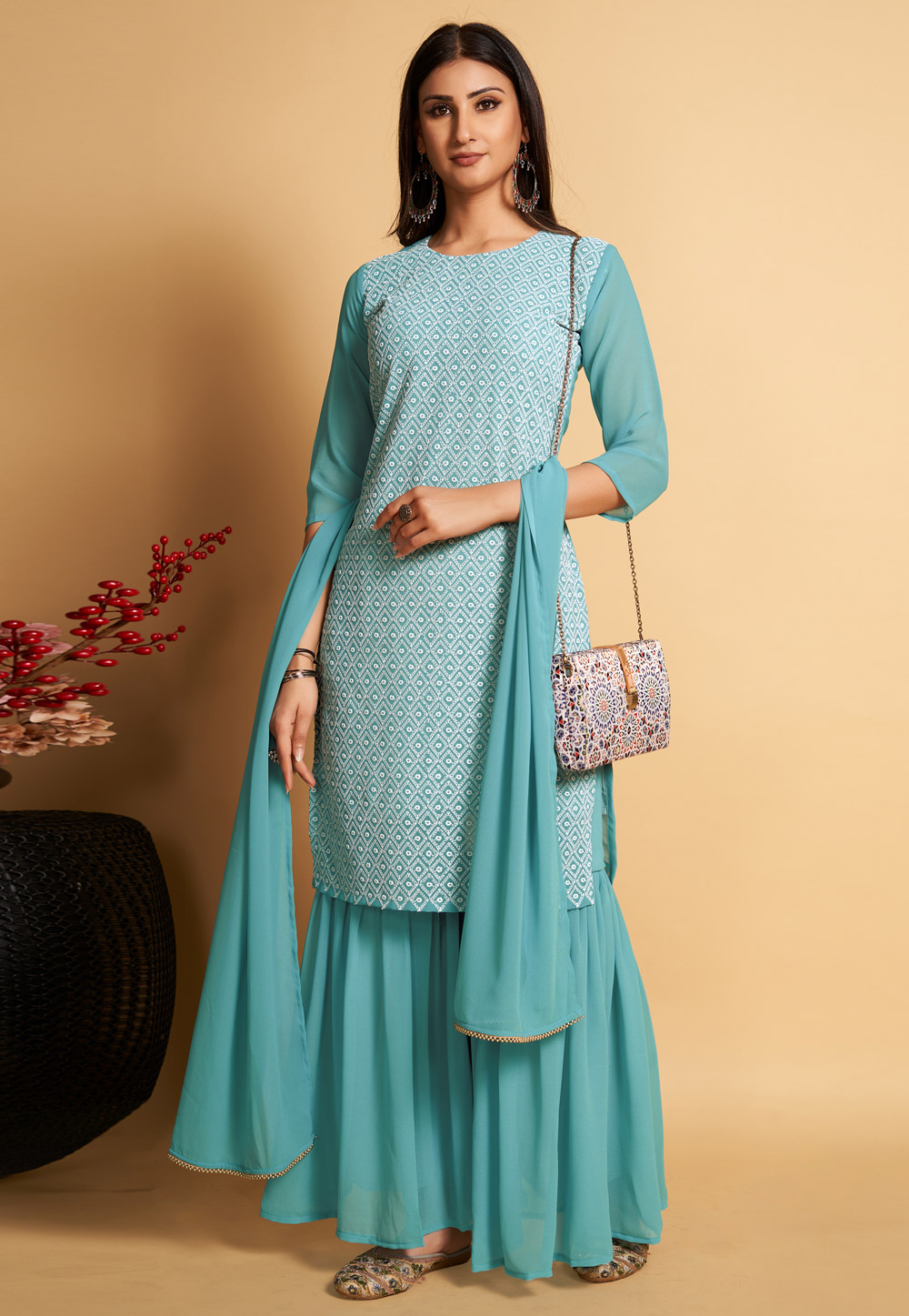 Sky Blue Georgette Readymade Sharara Suit 268794