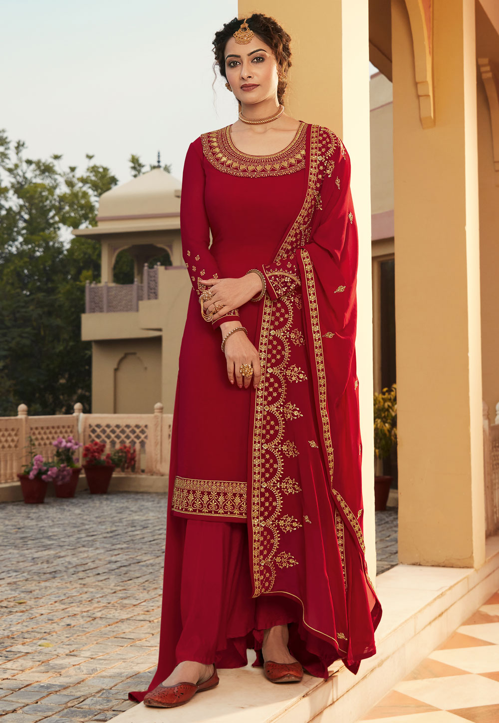Red Georgette Kameez With Palazzo 225894