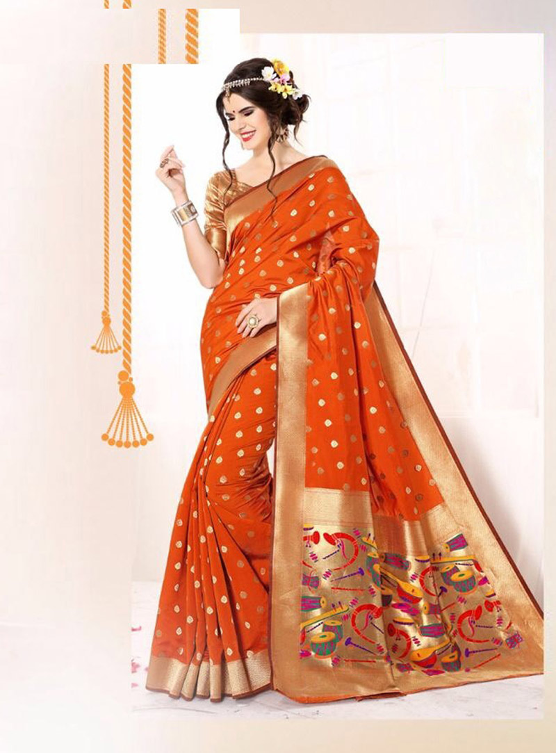 Orange Banarasi Silk Saree With Blouse 79348