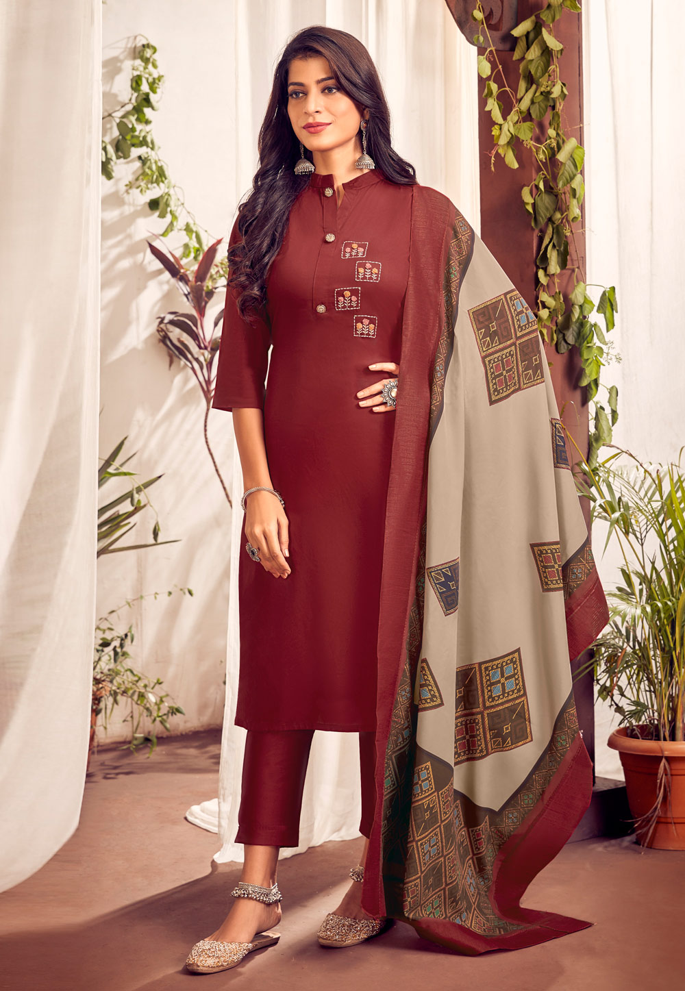 Maroon Cotton Readymade Pant Style Suit 239783
