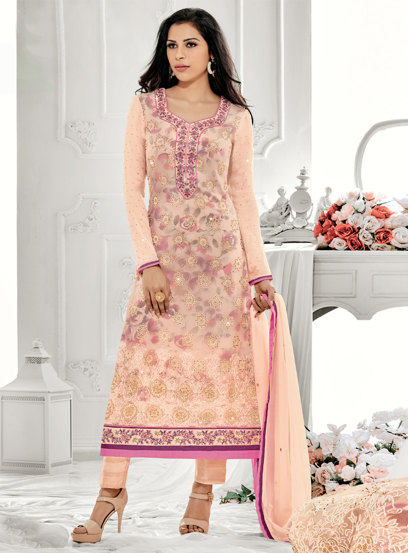 Peach Georgette Straight Cut Pant Style Suit 94128