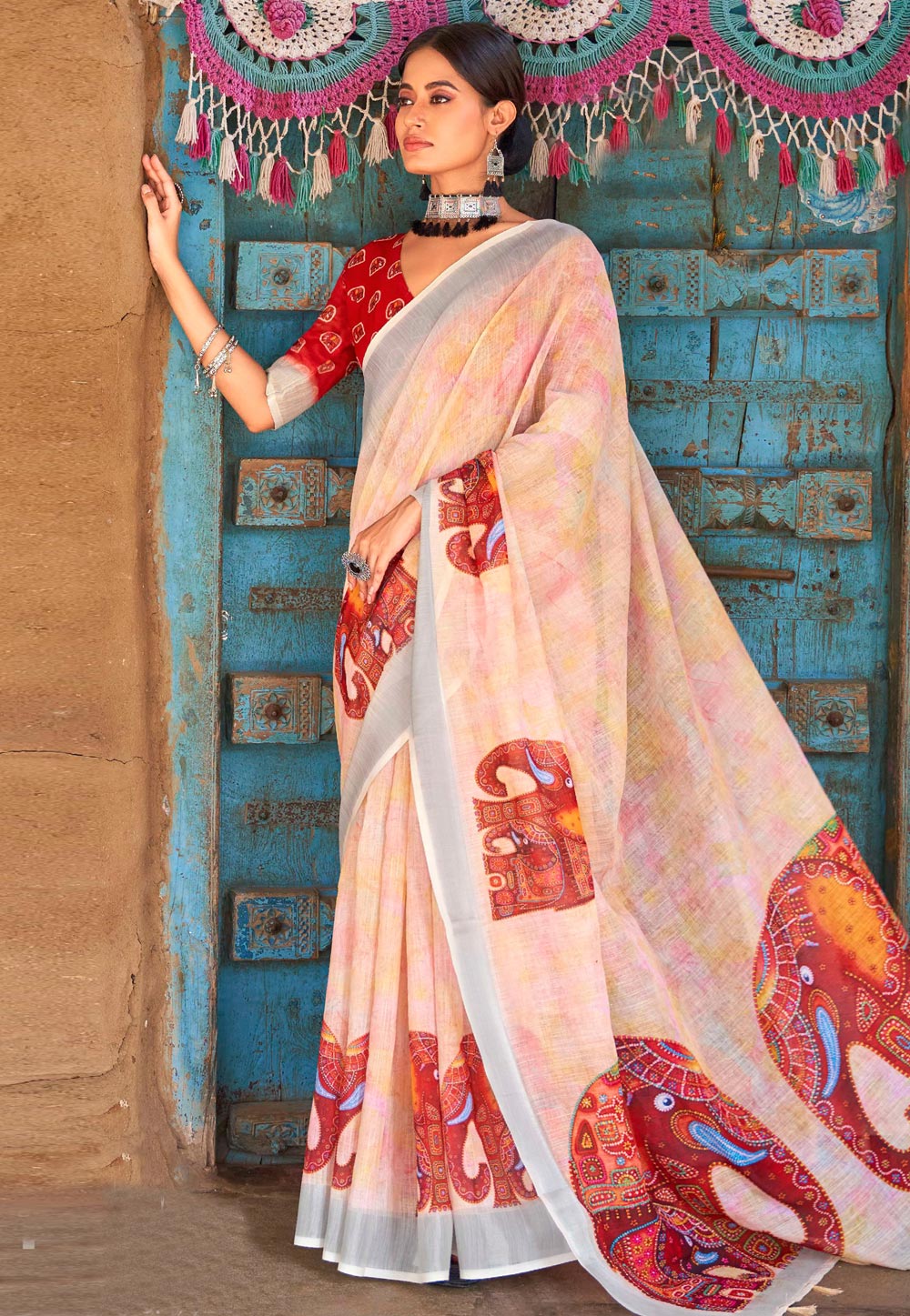 Peach Linen Saree With Blouse 271053
