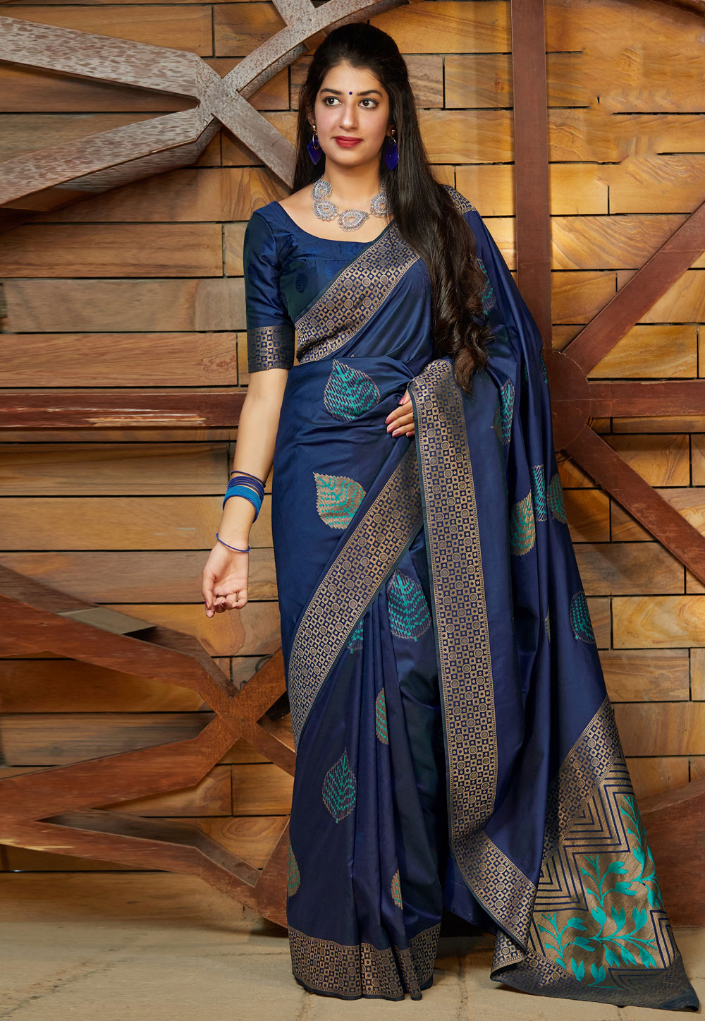 Navy Blue Banarasi Silk Saree With Blouse 210609