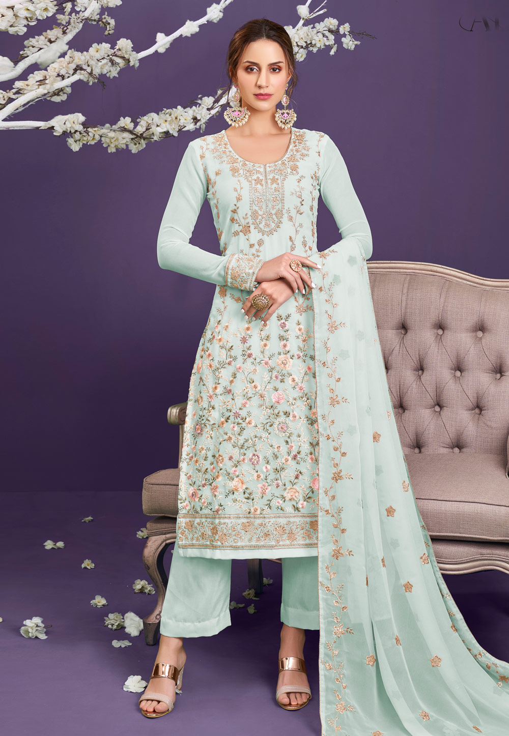Light Green Georgette Palazzo Suit 235906