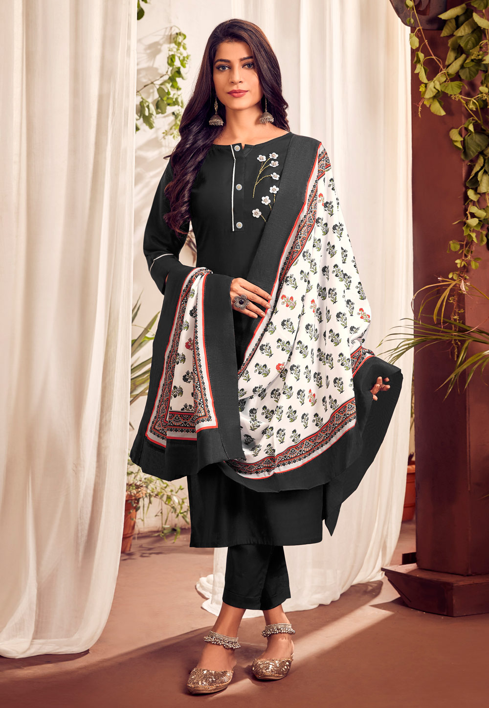 Black Cotton Readymade Kameez With Pant 239784