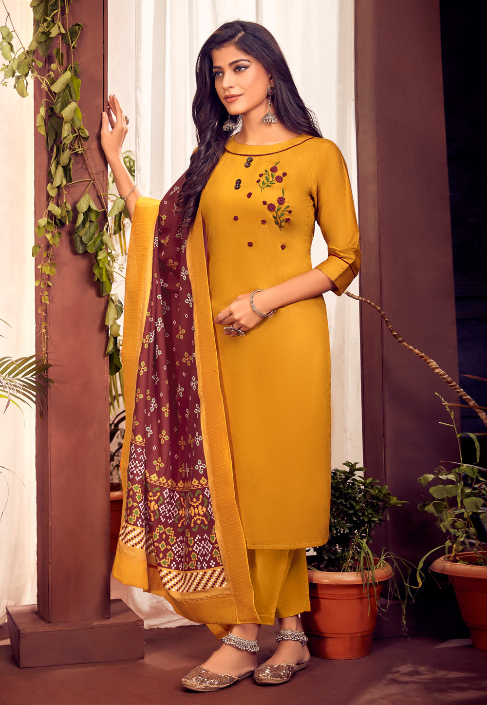 Mustard Cotton Readymade Pant Style Suit 239785