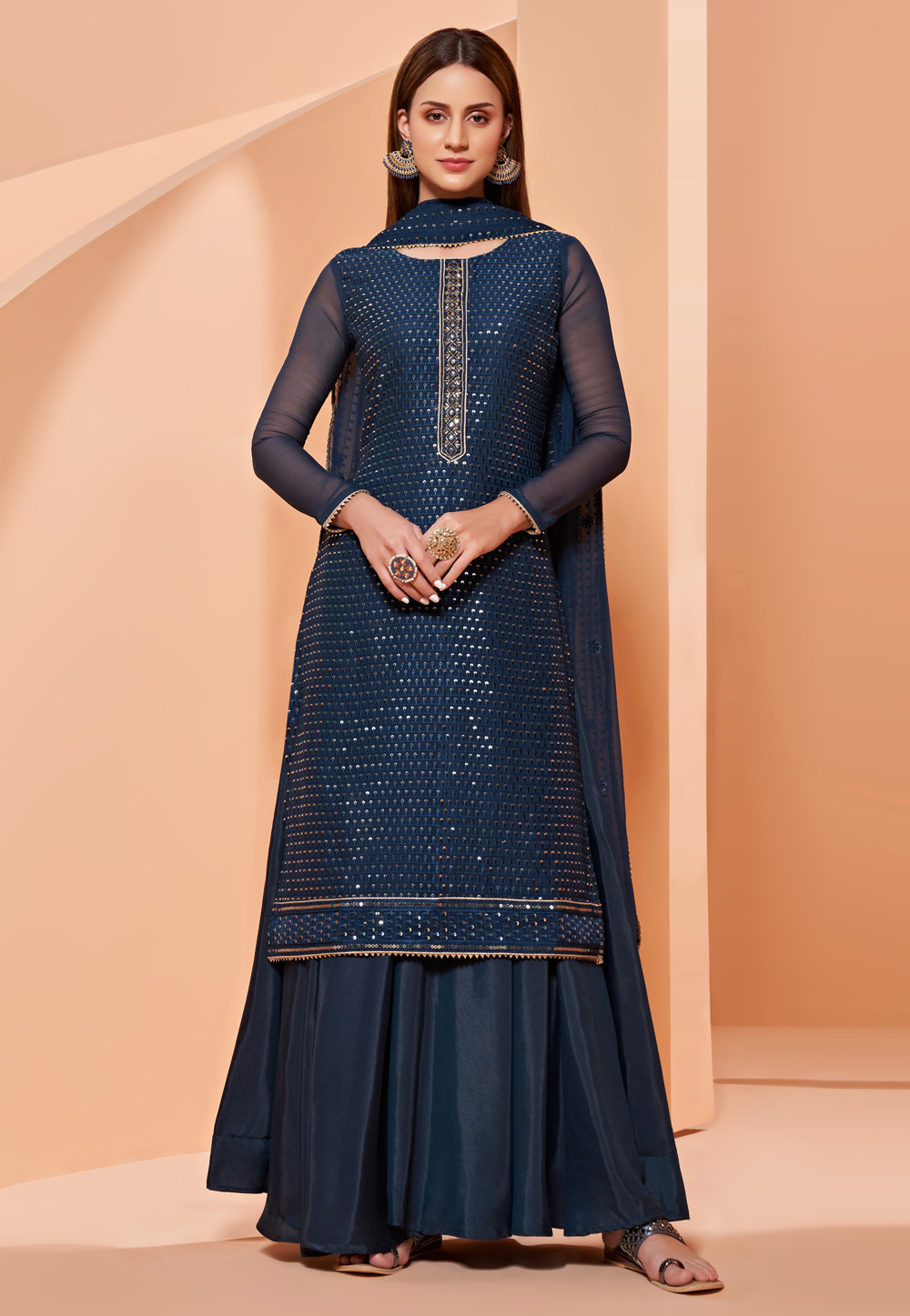 Navy Blue Georgette Palazzo Suit 238381