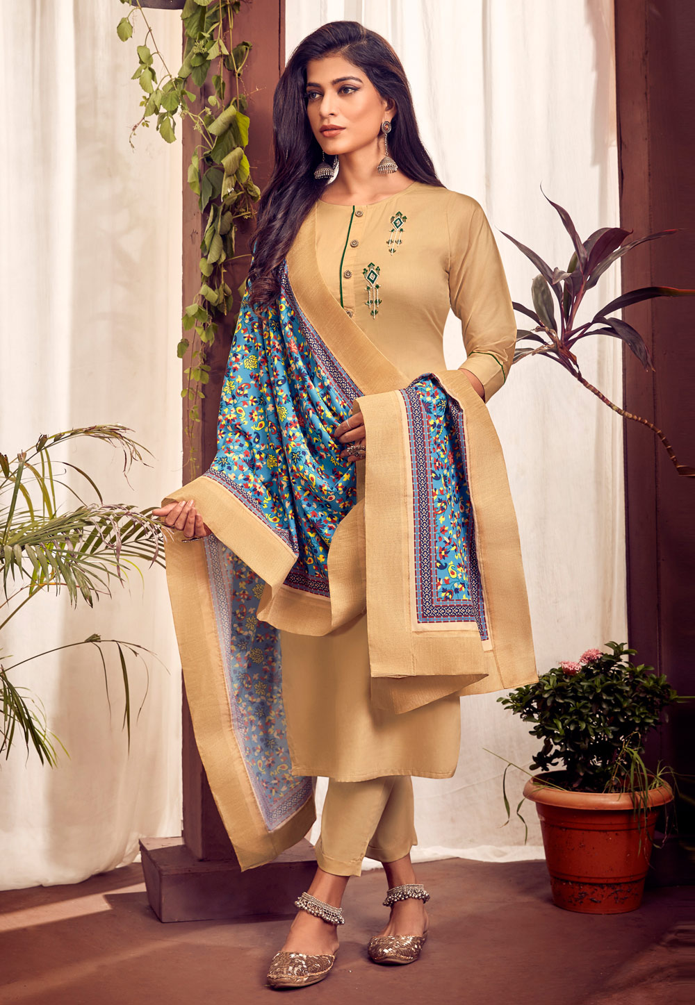 Beige Cotton Readymade Pant Style Suit 239798