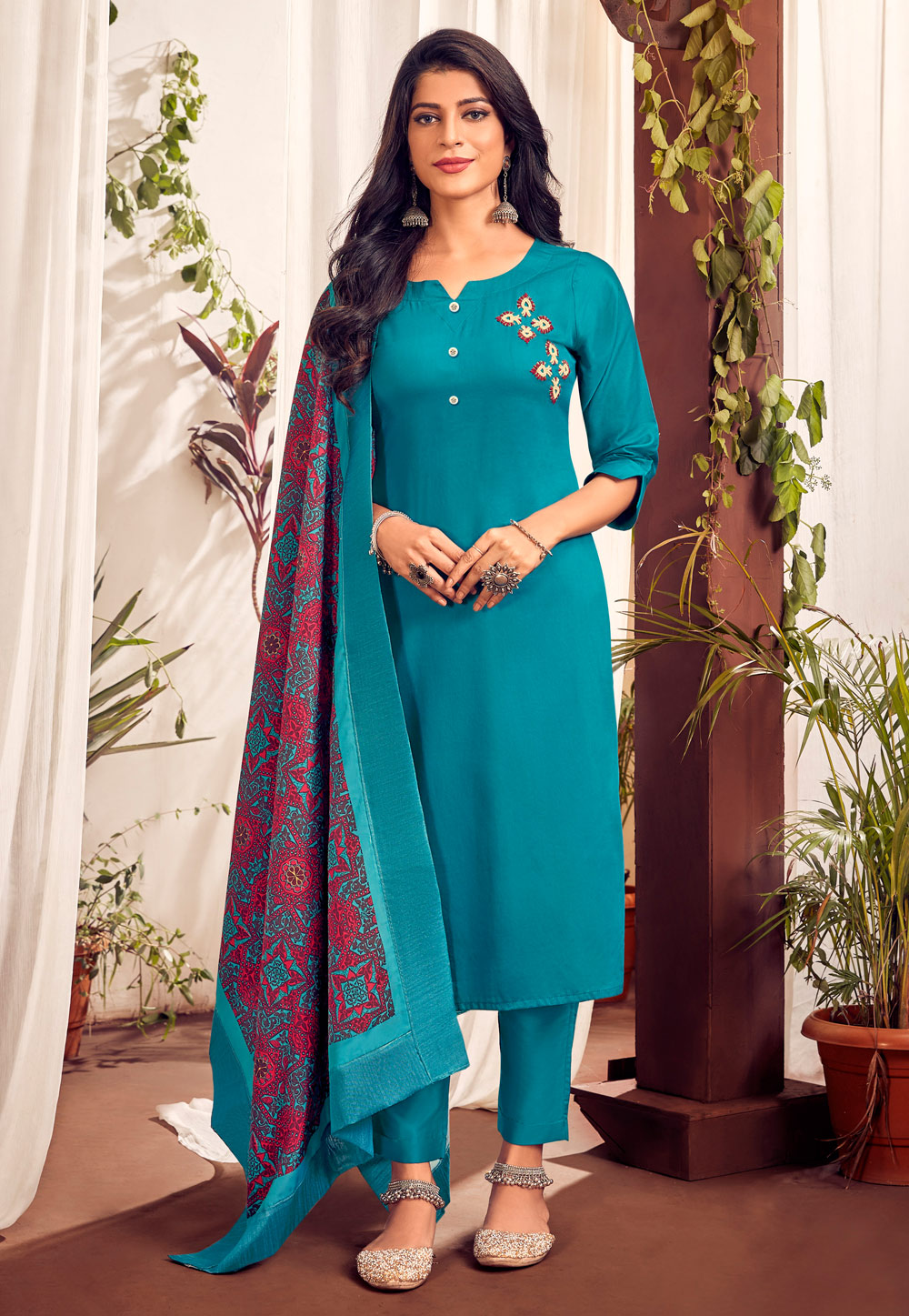 Blue Cotton Readymade Kameez With Pant 239799
