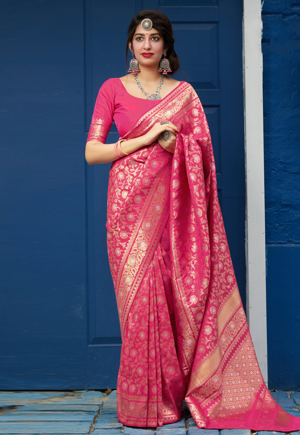 Pink Banarasi Silk Saree With Blouse 210613