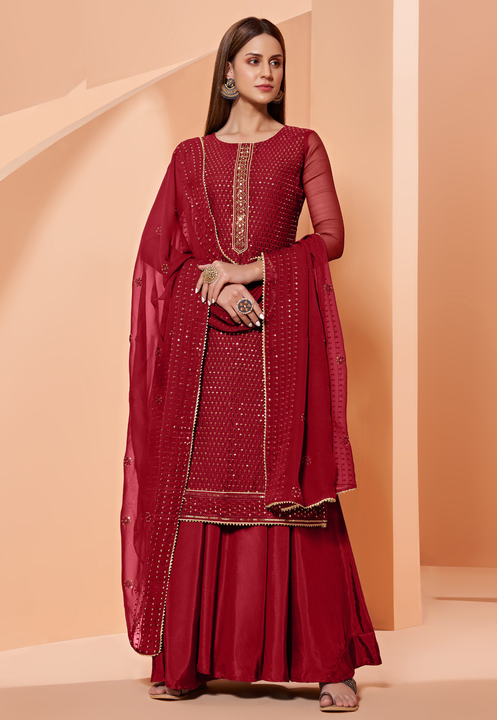 Red Georgette Palazzo Suit 238383