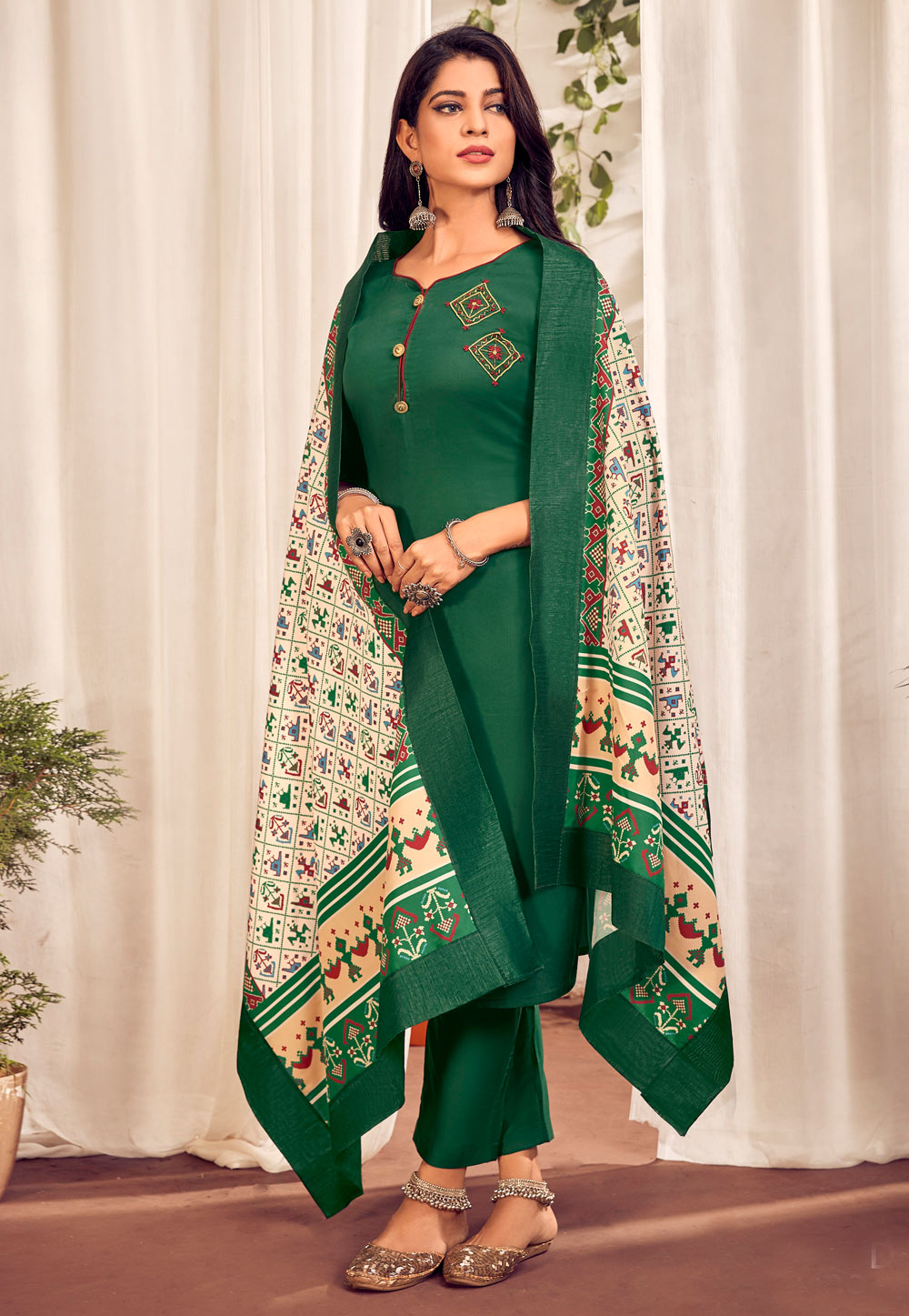 Green Cotton Readymade Pant Style Suit 239800