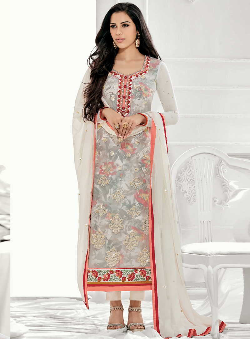 Off White Georgette Straight Cut Suit 94133
