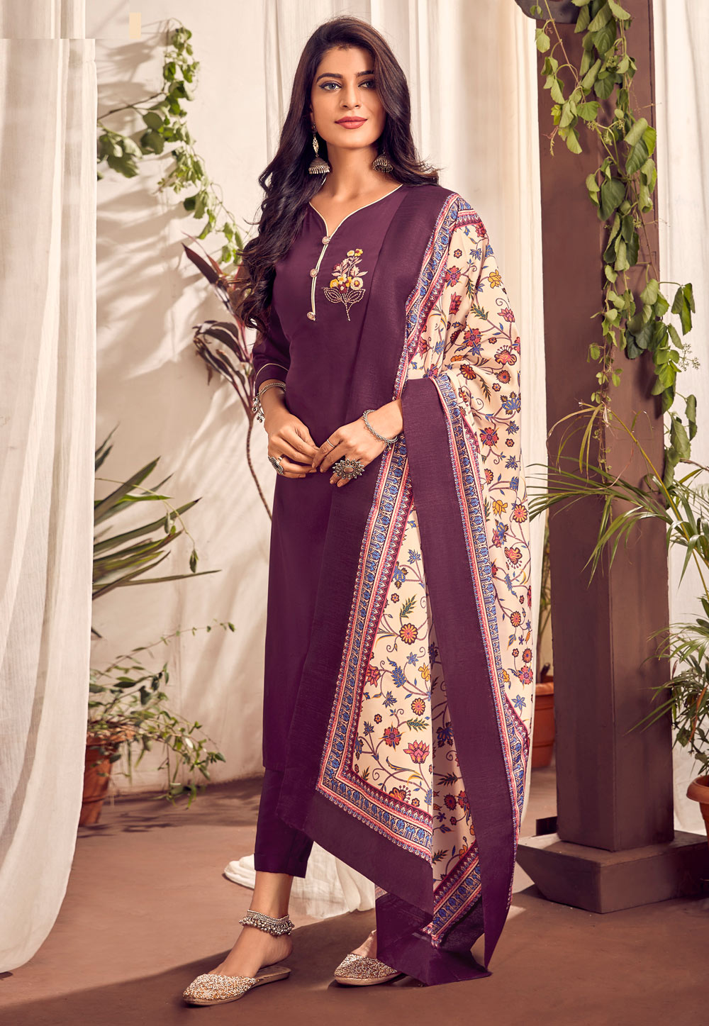 Wine Cotton Readymade Kameez With Pant 239801