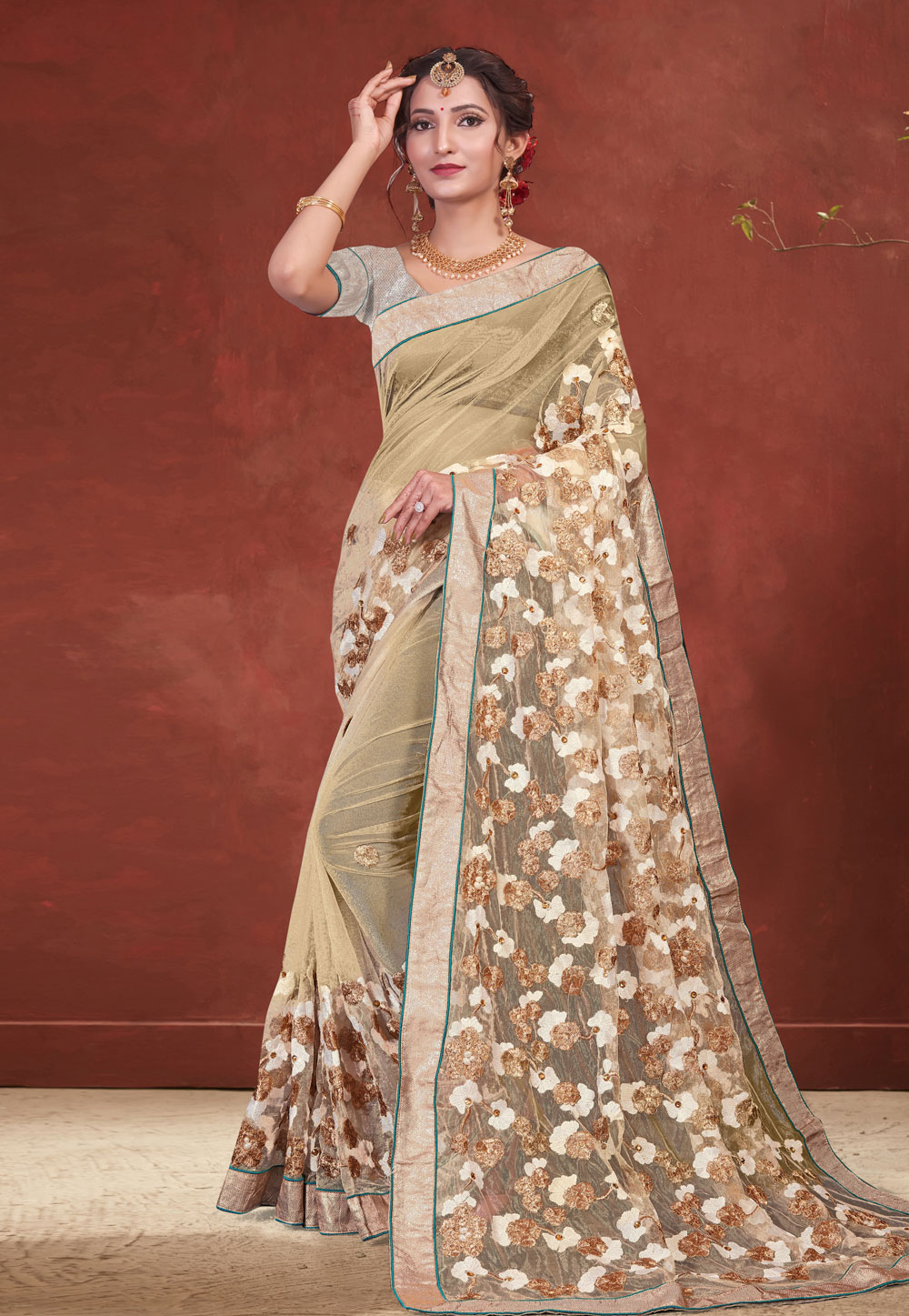 Beige Net Saree With Blouse 216930