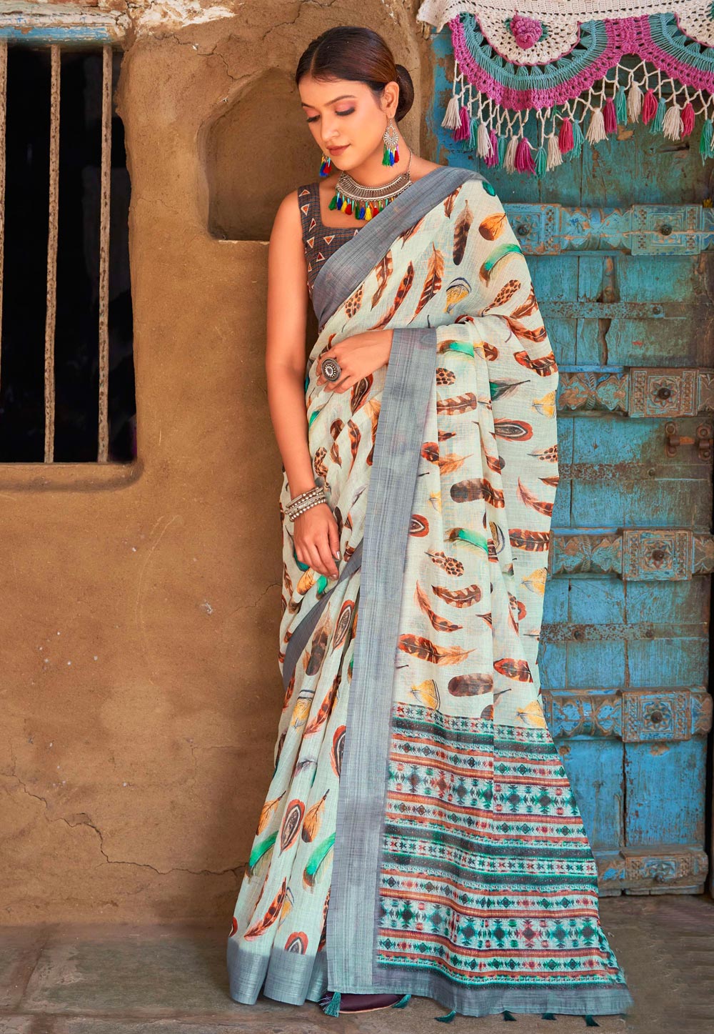 Cream Linen Saree With Blouse 271060