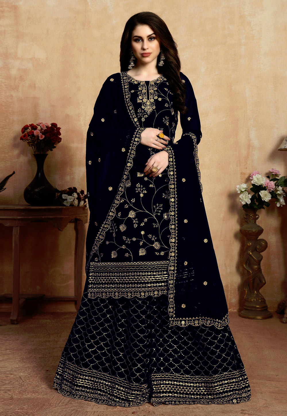 Navy Blue Faux Georgette Embroidered Palazzo Suit 200039