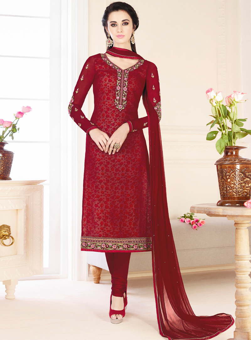 Red Georgette Churidar Salwar Suit 99680