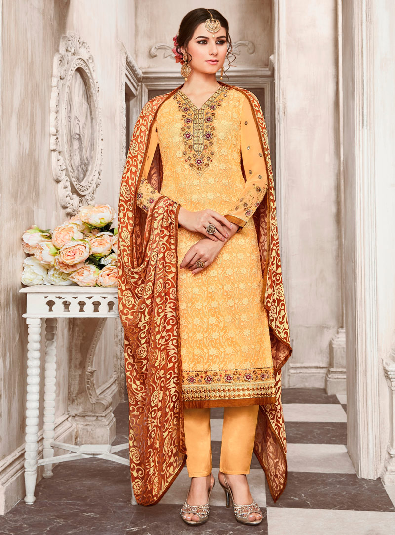 Yellow Georgette Pant Style Suit 95025