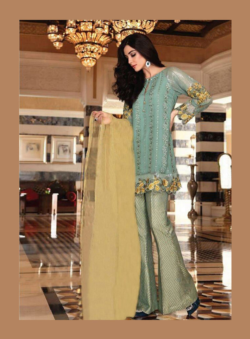 Sea Green Faux Georgette Palazzo Style Suit 77405
