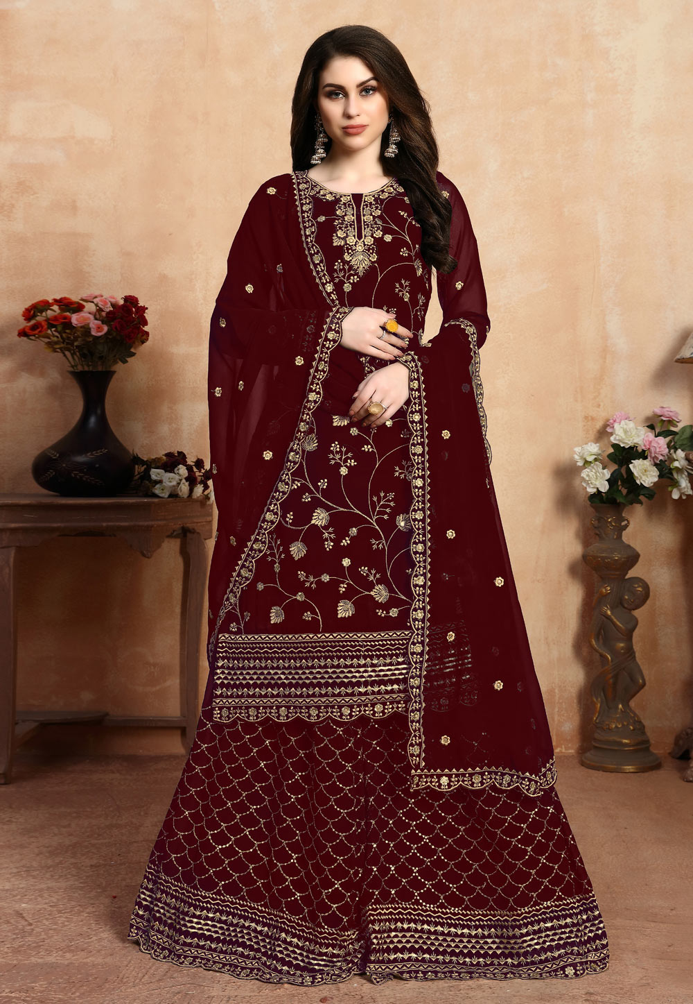 Maroon Faux Georgette Embroidered Kameez With Palazzo 200040